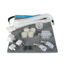 Transcend Micro Essentials Pack contents: WhisperSoft muffler, AirFlex hose, AirMist HME cartridges, air filters, plug adapters and travel pouch