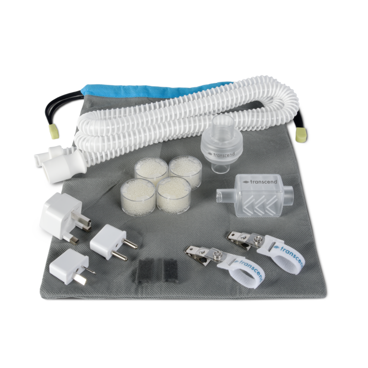 Transcend Micro Essentials Pack contents: WhisperSoft muffler, AirFlex hose, AirMist HME cartridges, air filters, plug adapters and travel pouch