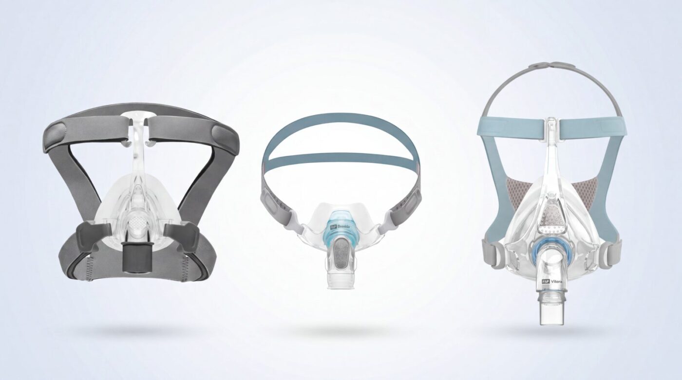 Three CPAP mask types compared side by side — a nasal mask (React Health Viva), a nasal pillow mask (Fisher & Paykel Brevida), and a full-face mask (Fisher & Paykel Vitera).