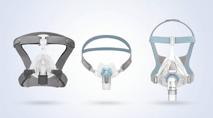 Tres tipos de mascarilla CPAP comparados lado a lado — una mascarilla nasal (React Health Viva), una de almohadillas nasales (Fisher & Paykel Brevida) y una mascarilla facial completa (Fisher & Paykel Vitera).