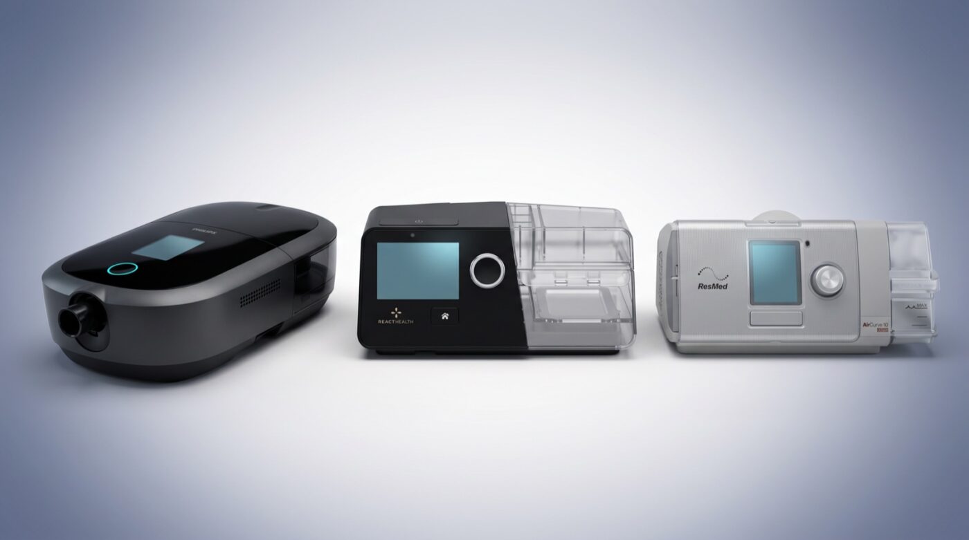 CPAP, APAP and BiPAP machines compared side by side — Philips DreamStation 2 CPAP, React Health Luna G3 APAP, and an AirCurve 10 VAuto BiPAP.