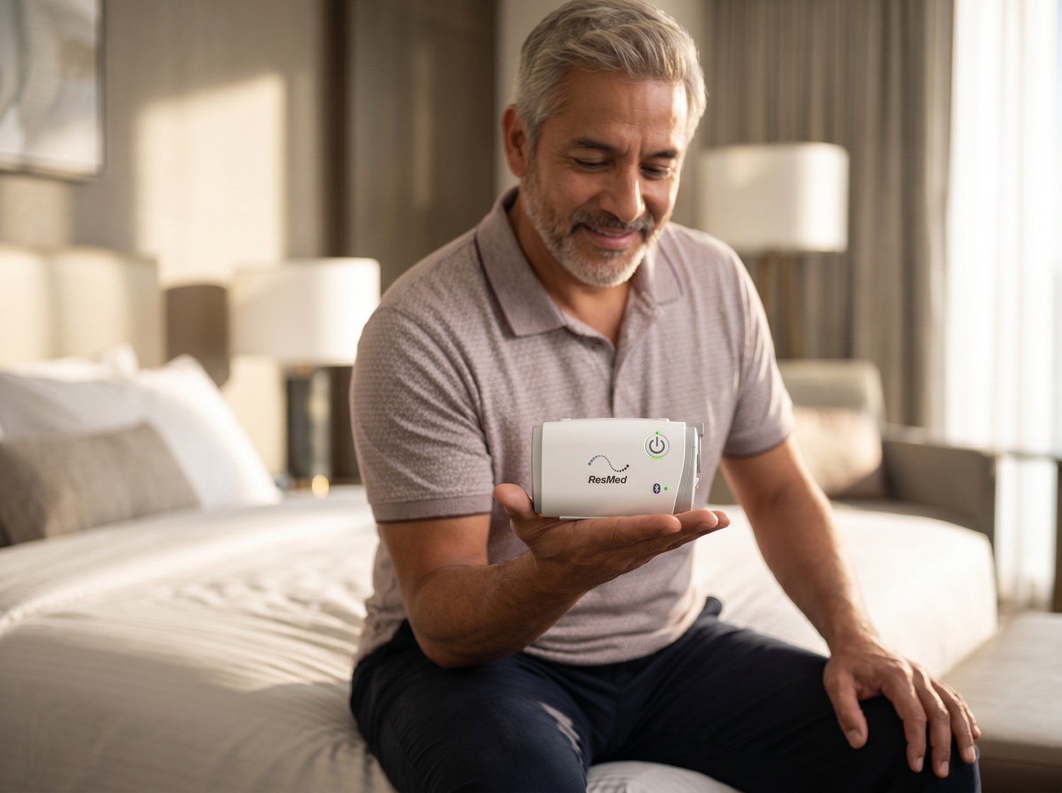 Man holding the palm-sized ResMed AirMini travel CPAP in one hand in a sunlit hotel room, showing how small and lightweight it is