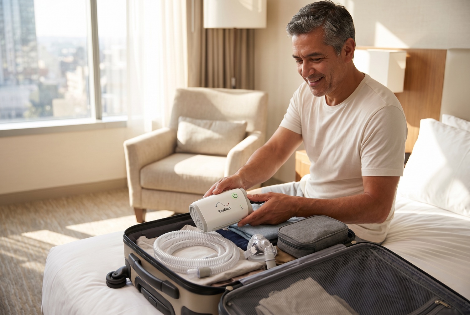 Man packing a ResMed AirMini travel CPAP into his carry-on suitcase in a bright hotel room, alongside the CPAP tubing, mask and travel pouch