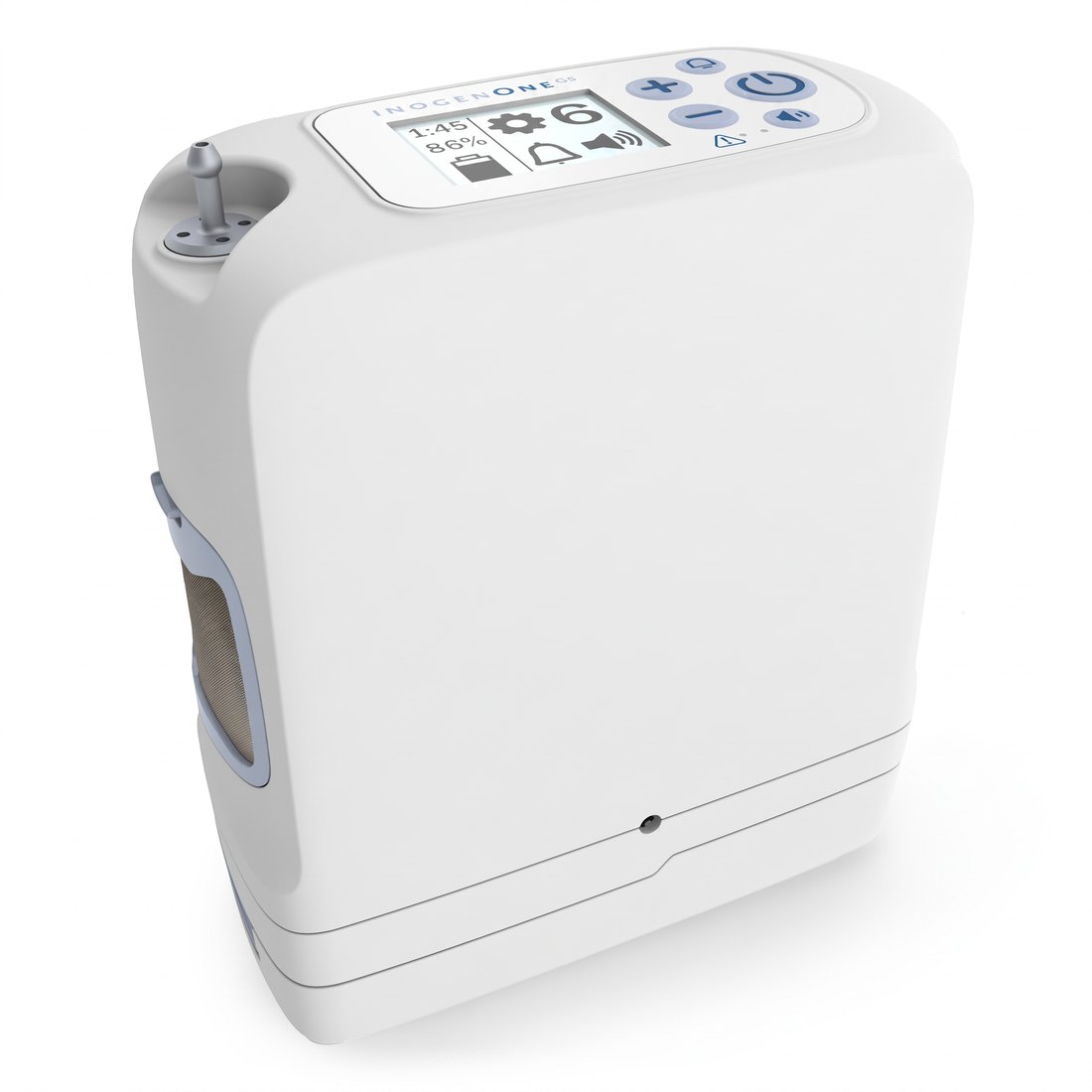 Inogen One G5 portable oxygen concentrator showing the display, controls, cannula port and side intake filter cover