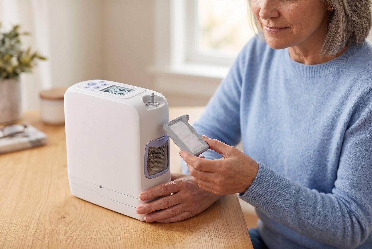 Older adult calmly changing the SP-804 intake filter on a white Inogen One G5 portable oxygen concentrator at home