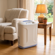 Inogen At Home stationary oxygen concentrator in a warm home living room beside a cozy armchair and side table