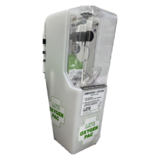 LIFE OxygenPac emergency oxygen unit, front view with clear cover closed over the oxygen cylinder and Emergency Oxygen instructions label