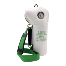 LIFE SoftPac emergency oxygen unit with green shoulder strap and constant-reading supply gauge