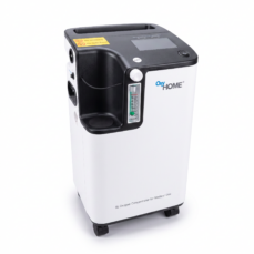 OxyHome 5L stationary home oxygen concentrator (OxyGo) — front view showing the flowmeter, OxyHOME control panel and caster wheels, on a white background