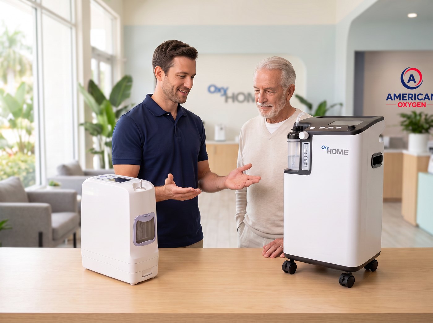 American Oxygen specialist helping an older adult compare a portable and a home oxygen concentrator at the Miami showroom