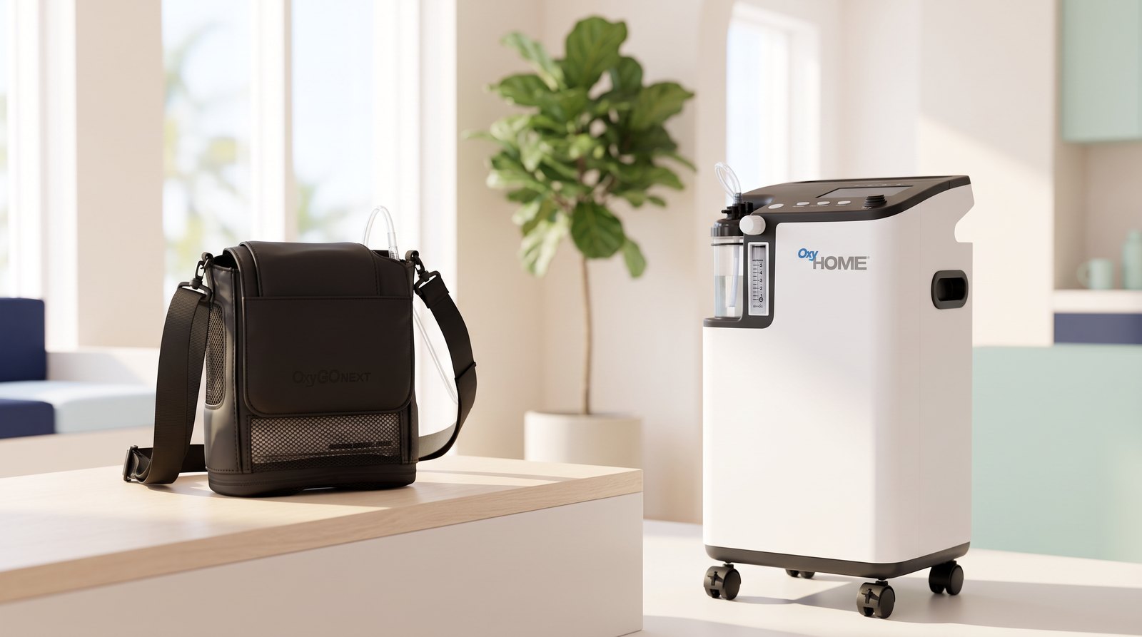 Portable oxygen concentrator in its carry bag beside a home 5-liter oxygen concentrator at American Oxygen in Miami