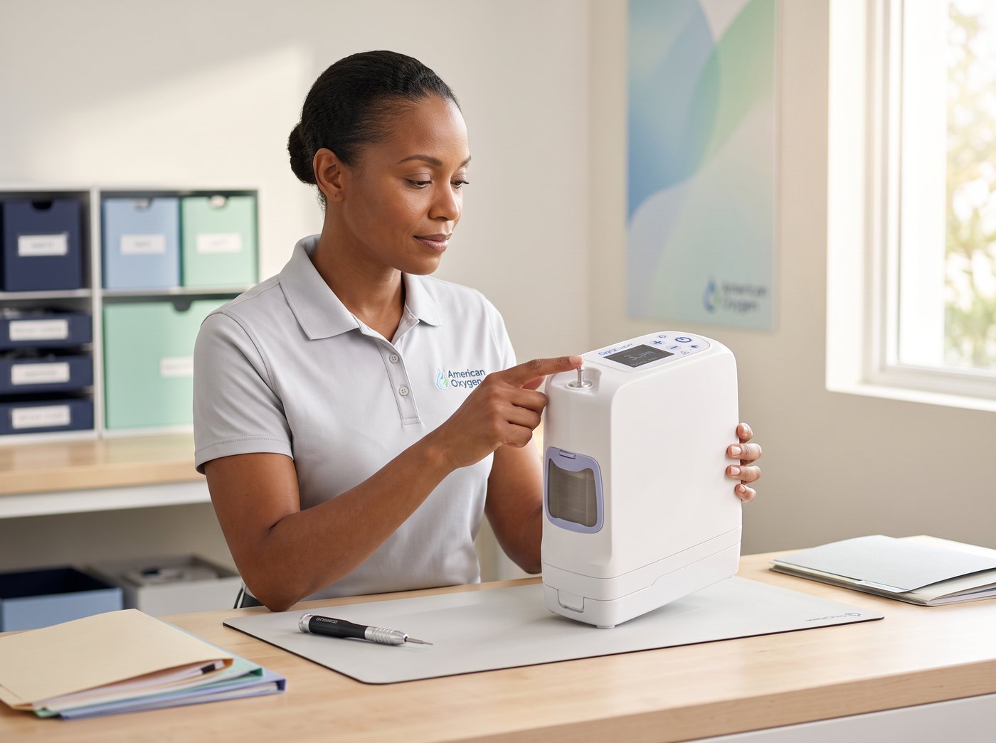 American Oxygen technician testing a portable oxygen concentrator at the Miami facility