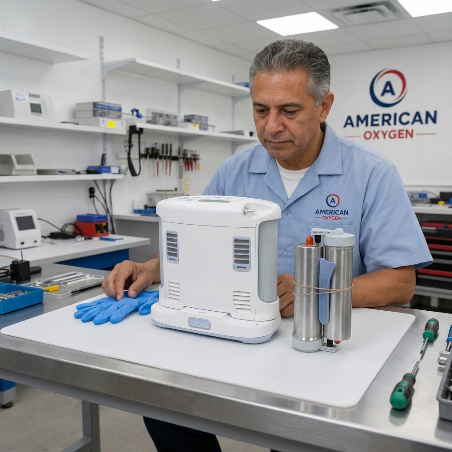 American Oxygen certified technician in a branded work shirt repairing an Inogen portable oxygen concentrator at the Miami repair facility