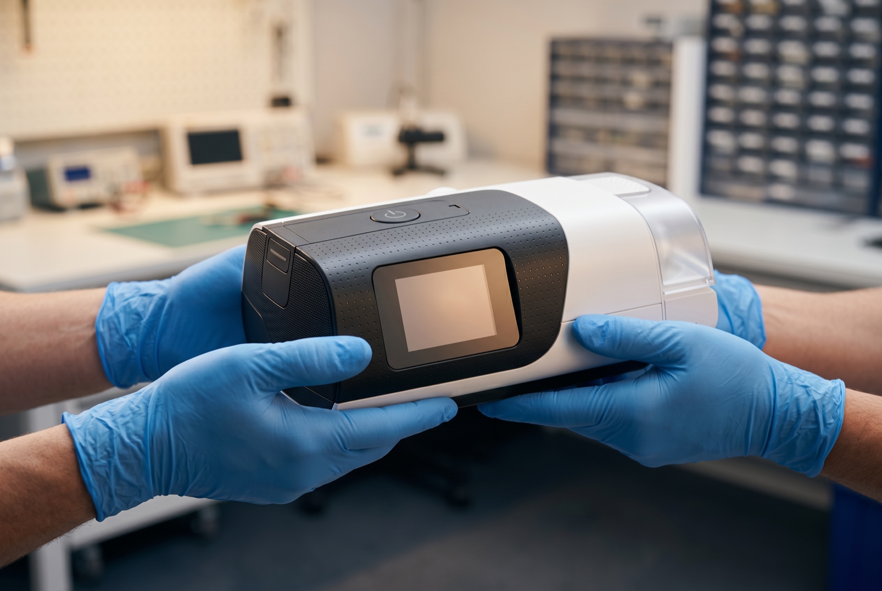 Certified technician's gloved hands servicing a repaired respiratory device at American Oxygen