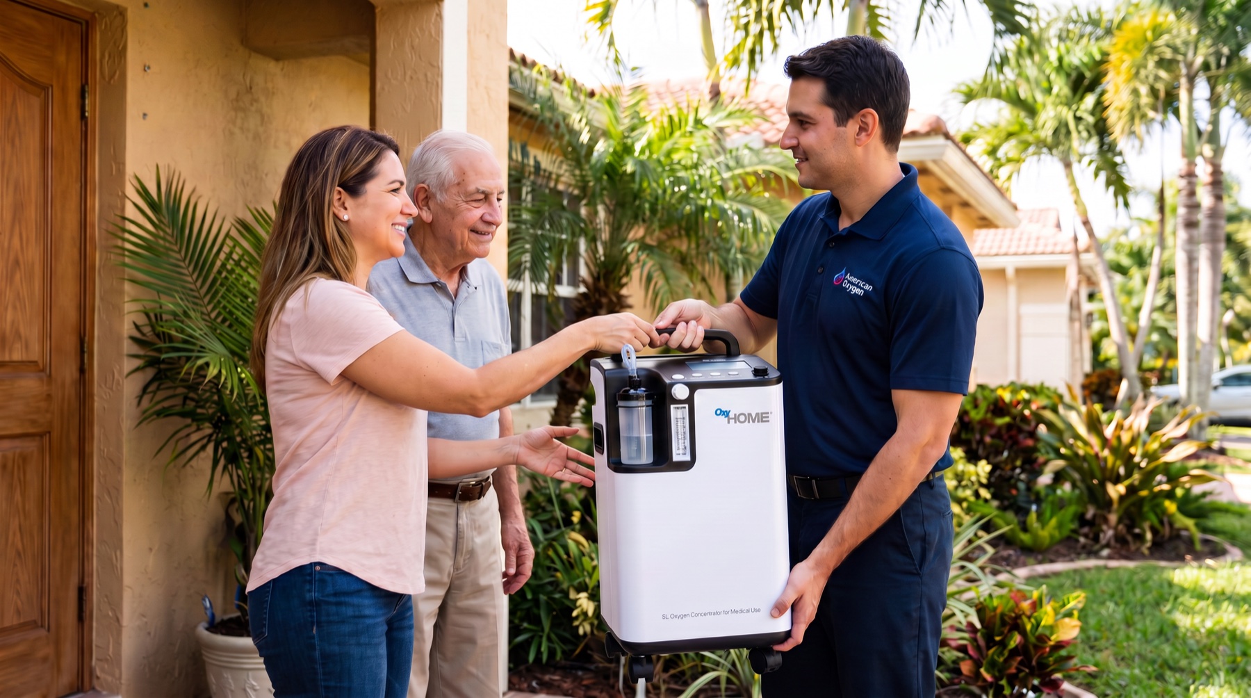 Family in Doral receiving a home oxygen concentrator rental delivery from American Oxygen