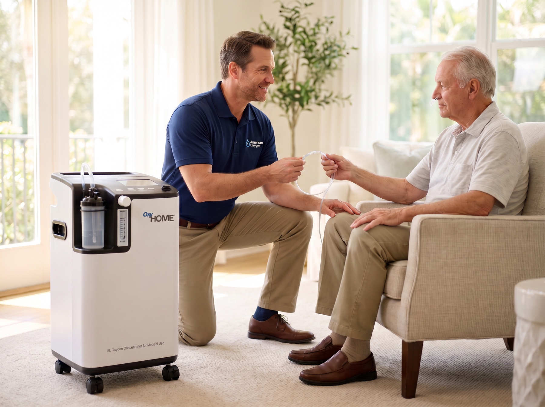 American Oxygen technician delivering and setting up a portable oxygen concentrator for a customer in Miami