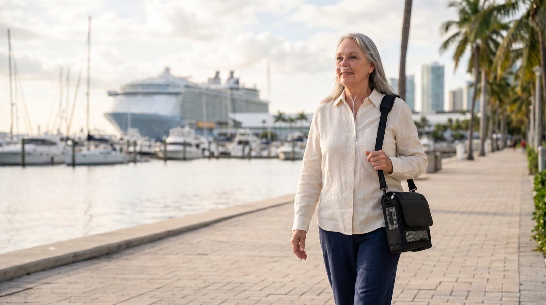 Traveler in Miami with a portable oxygen concentrator in its carry bag near the cruise port