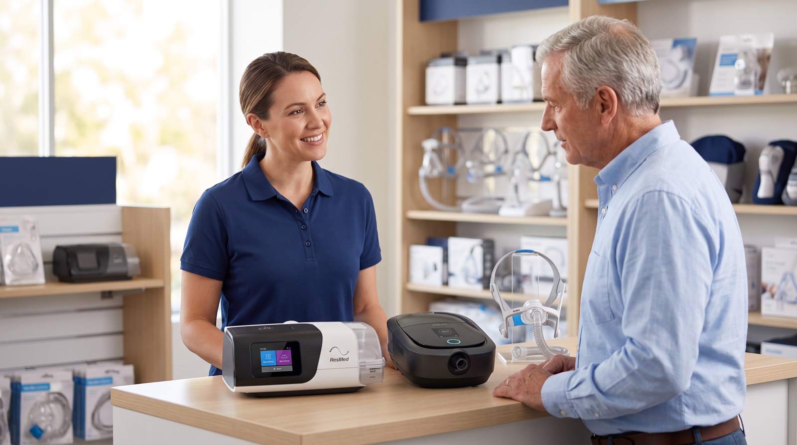 American Oxygen specialist showing a customer a CPAP machine and mask at the Miami showroom
