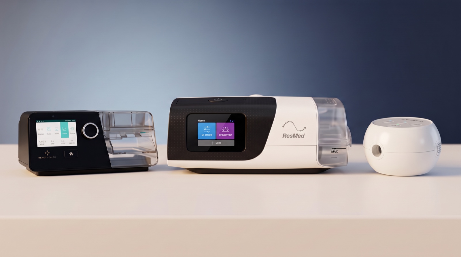 ResMed AirSense CPAP machine with a mask on a nightstand beside a BiPAP unit at American Oxygen in Miami