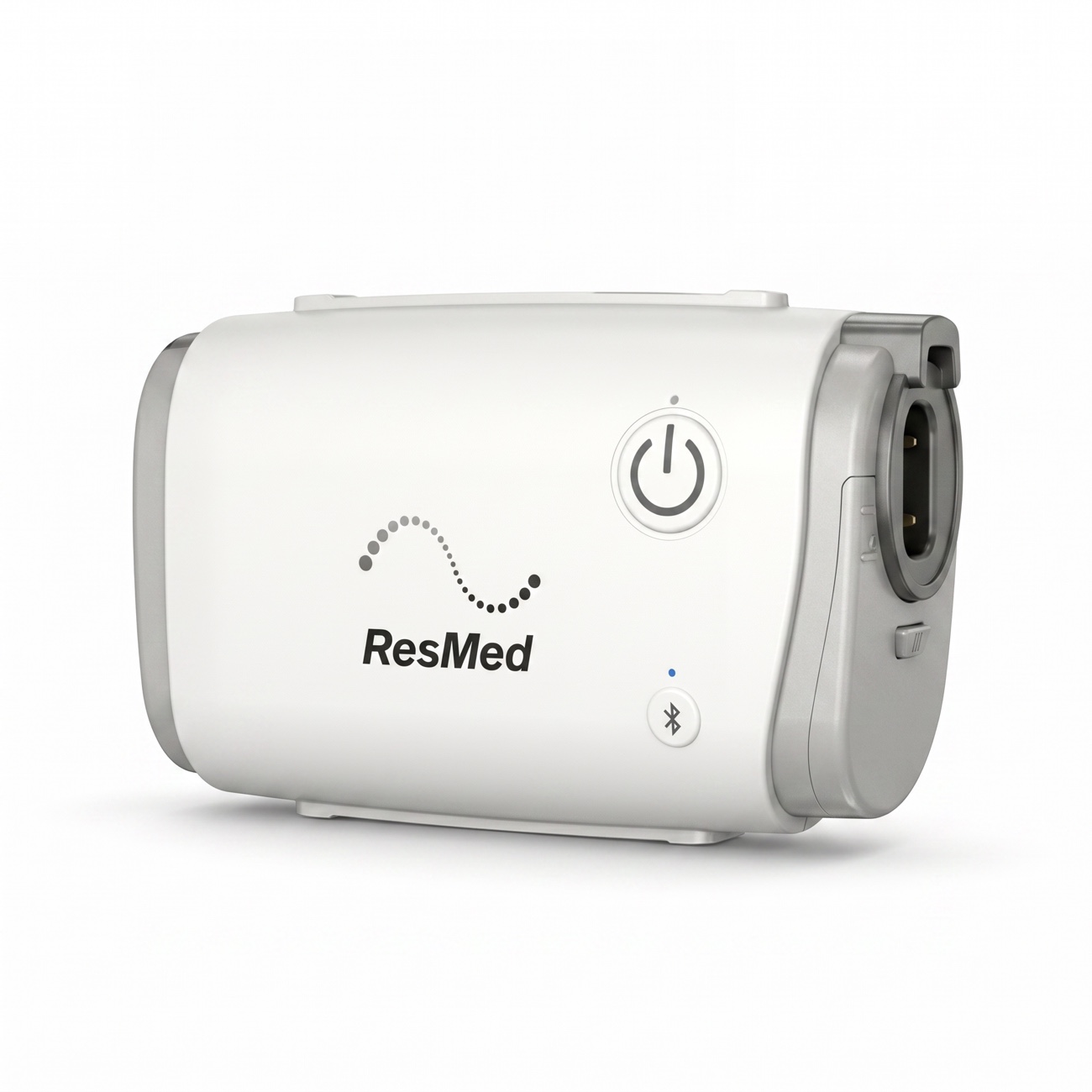ResMed AirMini travel CPAP on a white background, front three-quarter view