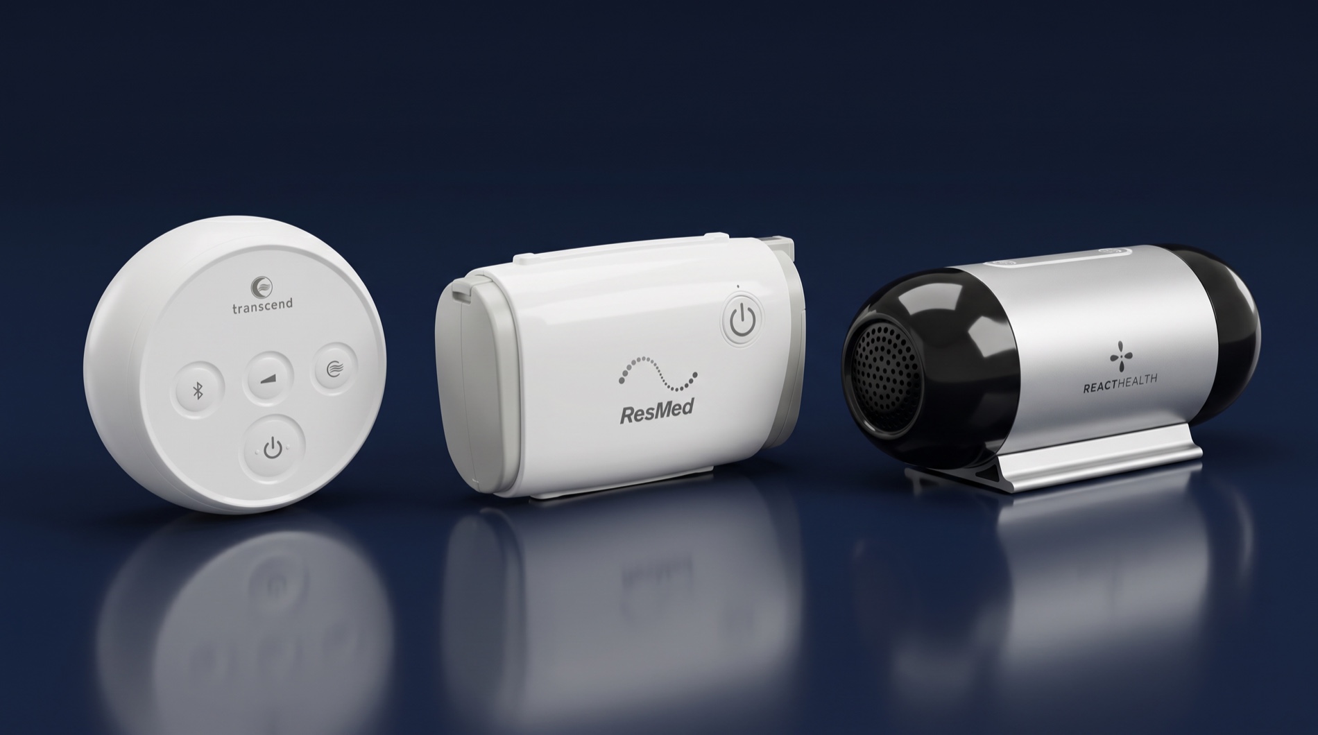 ResMed AirMini, React Health Luna TravelPAP, and Transcend Micro travel CPAP machines compared side by side on a navy background