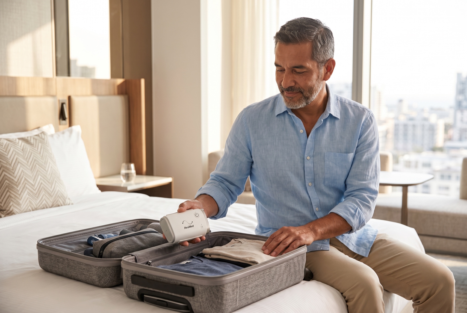 Latino man calmly packing a ResMed AirMini travel CPAP into his carry-on in a bright hotel room