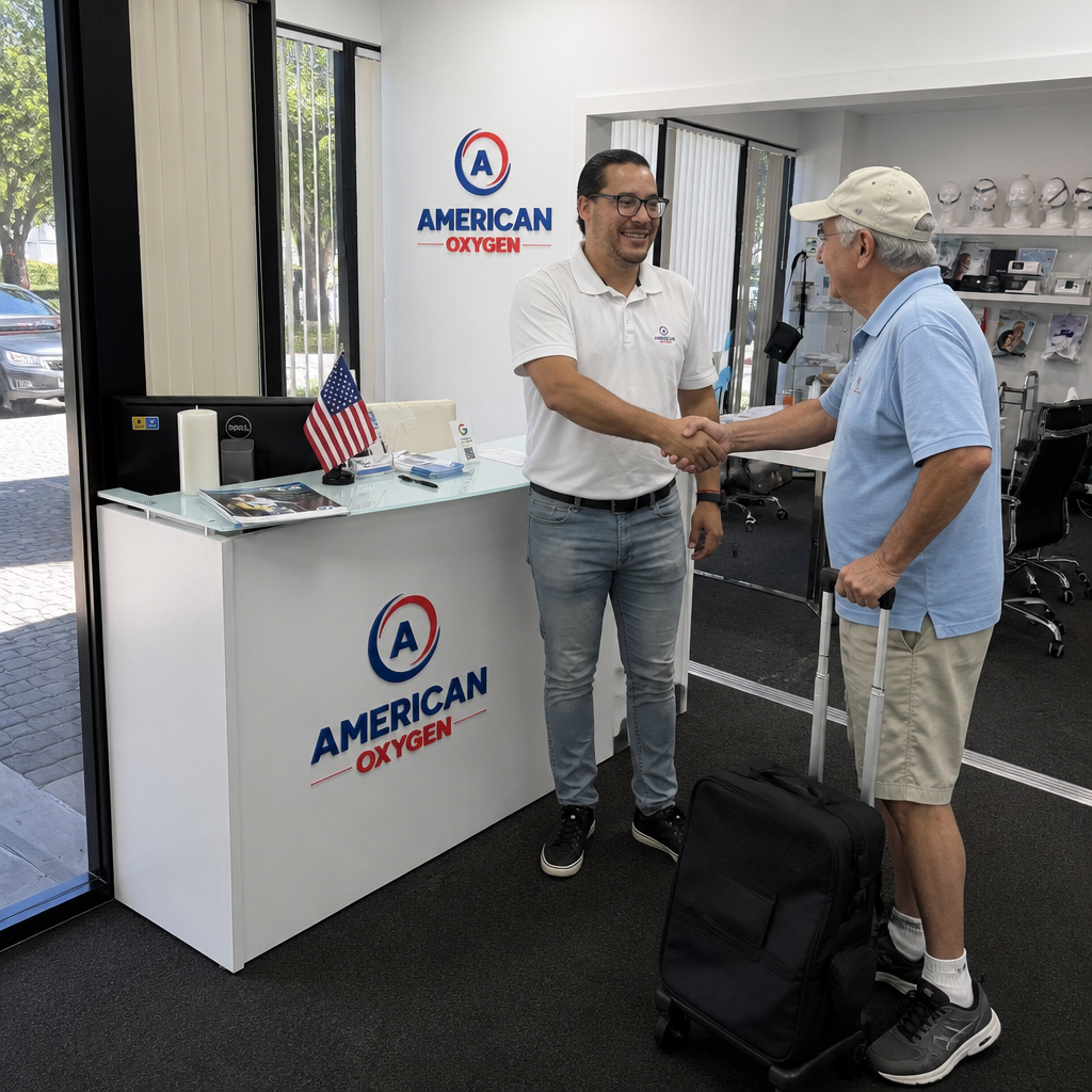 Customer trading in a portable oxygen concentrator at the American Oxygen showroom in Doral, Miami