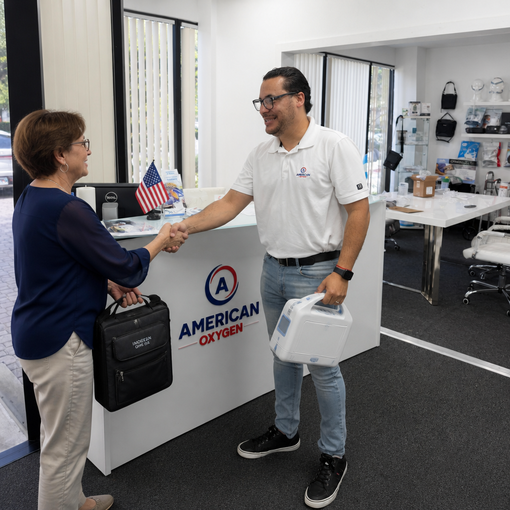 American Oxygen specialist handing a portable oxygen concentrator to a customer in the Doral, Miami showroom