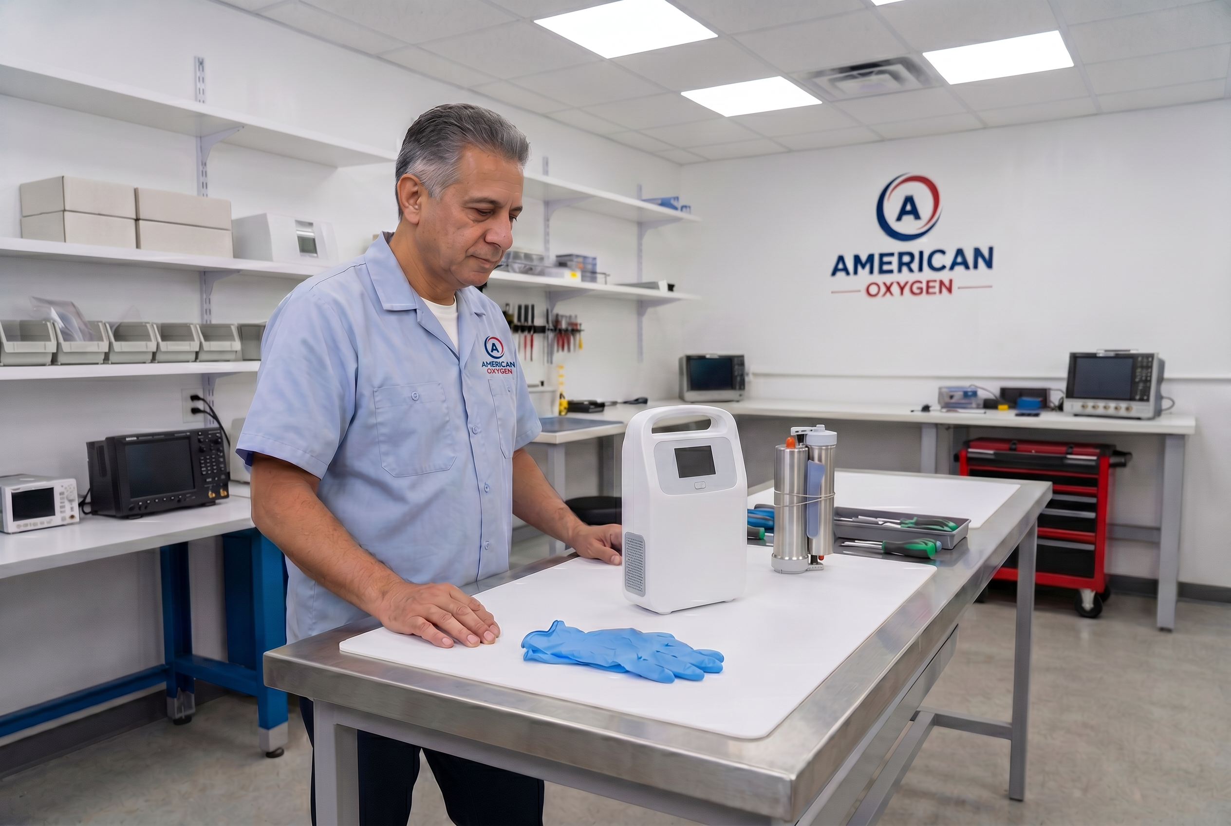 American Oxygen technician testing a portable oxygen concentrator at the Doral, Miami service lab