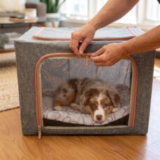 Pet owner's hands closing the zipper of a pet oxygen chamber while their dog rests inside — home oxygen therapy for dogs