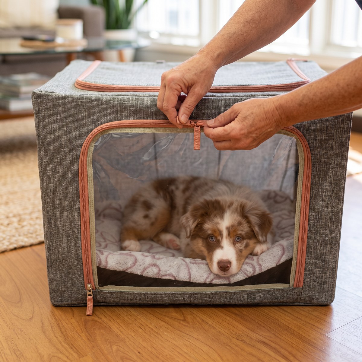 Pet owner's hands closing the zipper of a pet oxygen chamber while their dog rests inside — home oxygen therapy for dogs