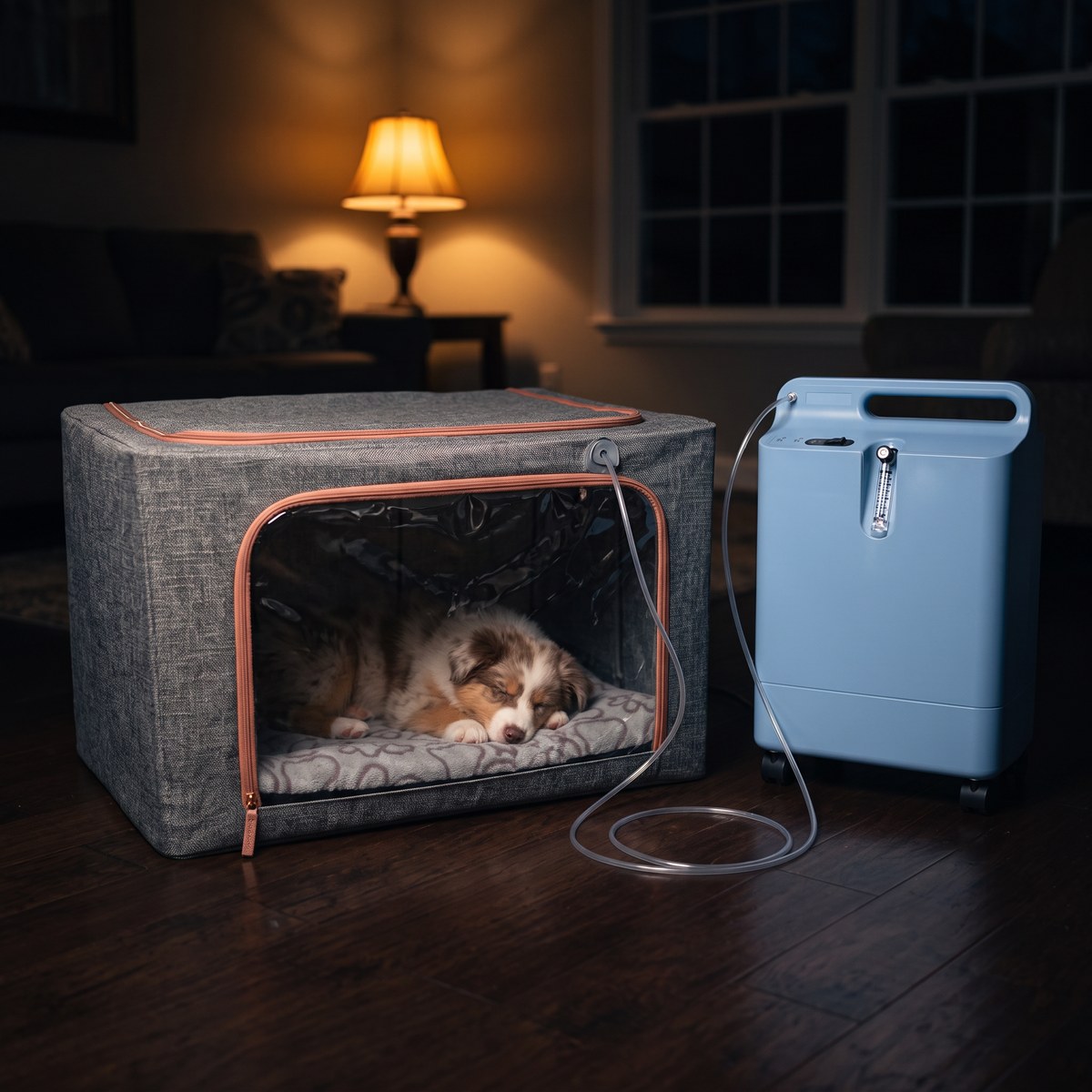 Dog sleeping peacefully inside a pet oxygen chamber at night beside an oxygen concentrator — overnight home oxygen therapy for pets