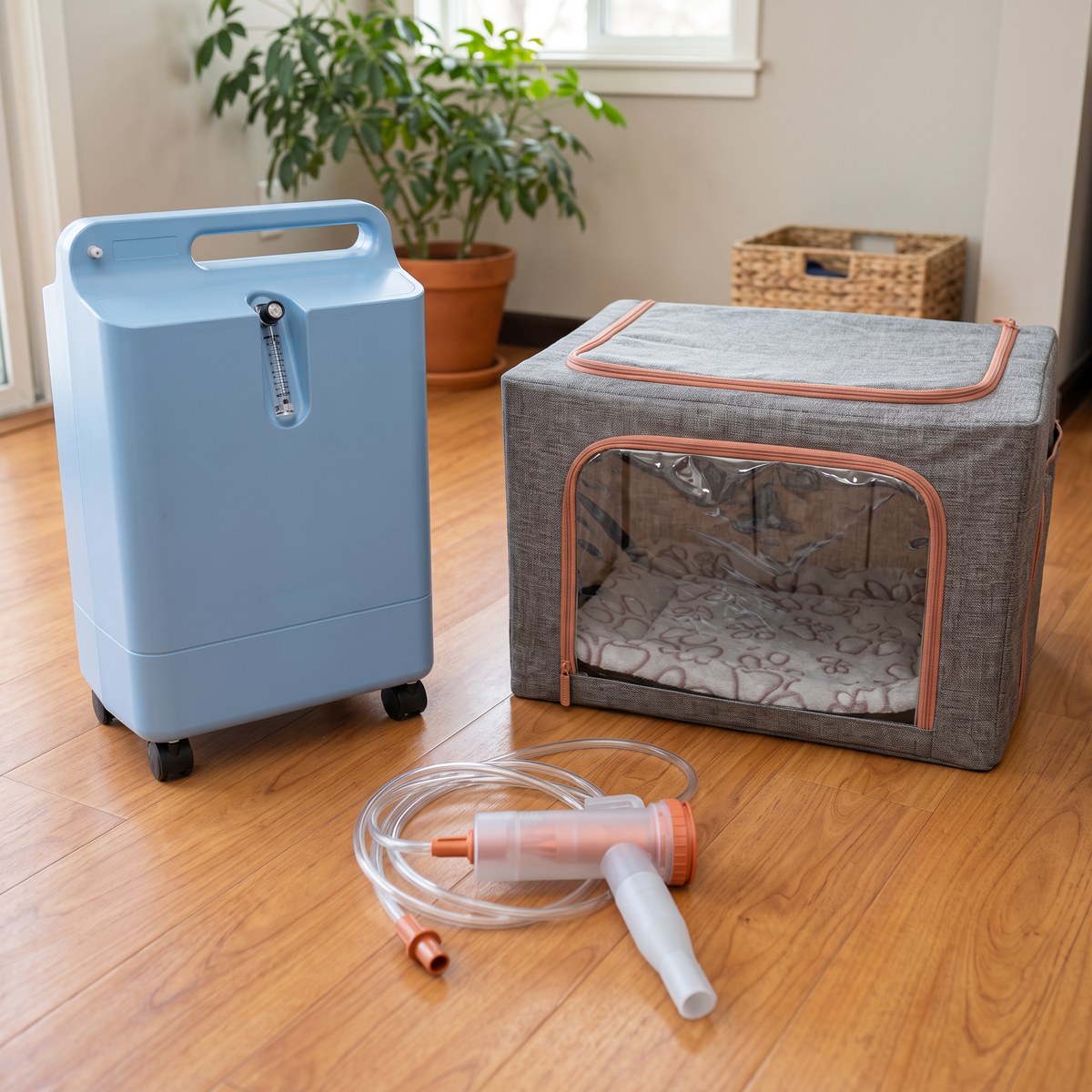 Complete pet oxygen rental kit at home: oxygen chamber, oxygen concentrator and tubing on a living room floor — Miami same-day delivery