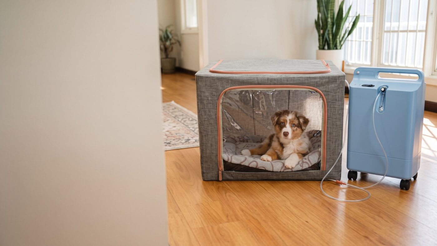 Grey fabric pet oxygen chamber with a clear panel and a puppy resting inside, next to an oxygen concentrator in a living room — pet oxygen rental in Miami