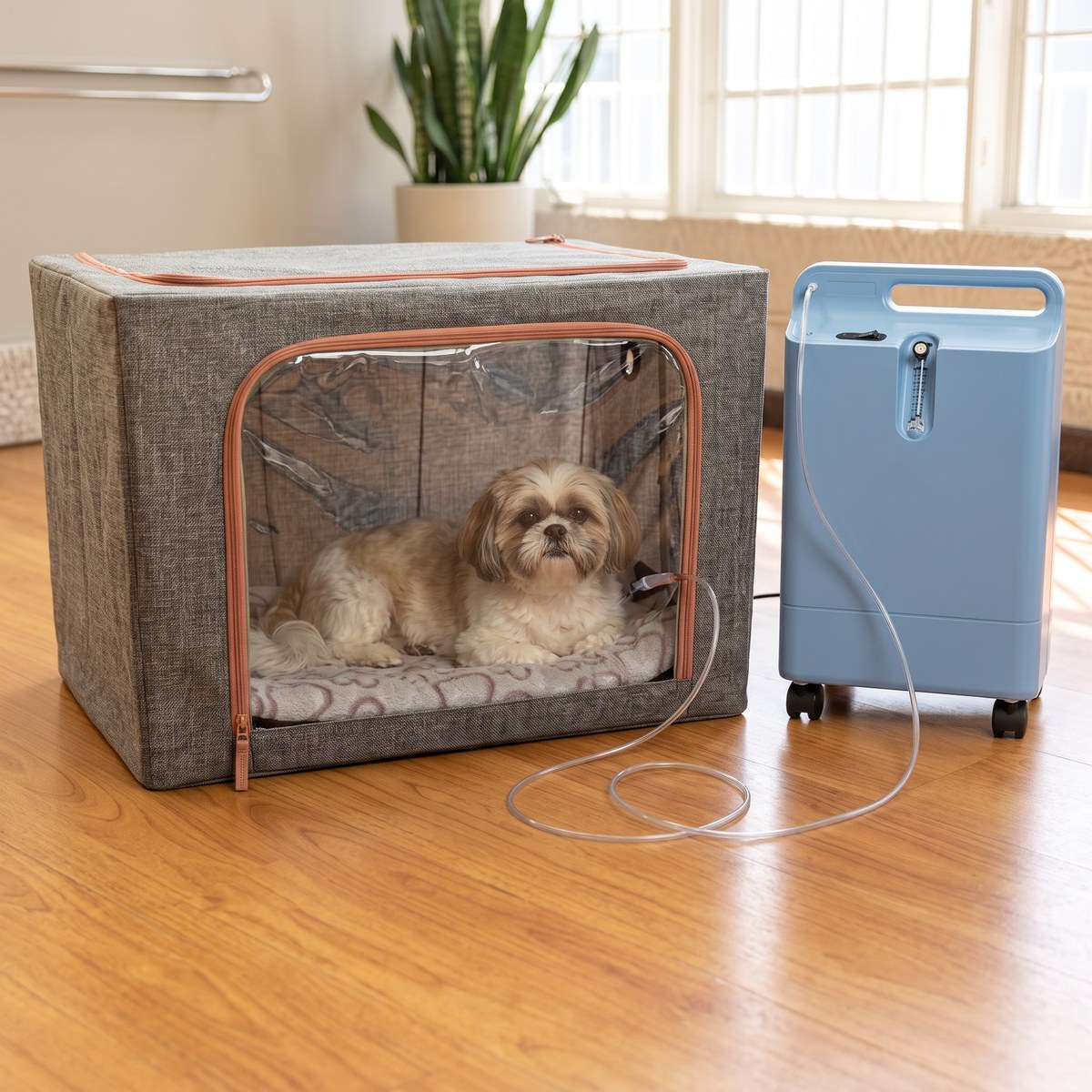 Small dog resting calmly inside a pet oxygen chamber connected to an oxygen concentrator at home — pet oxygen therapy rental in Miami