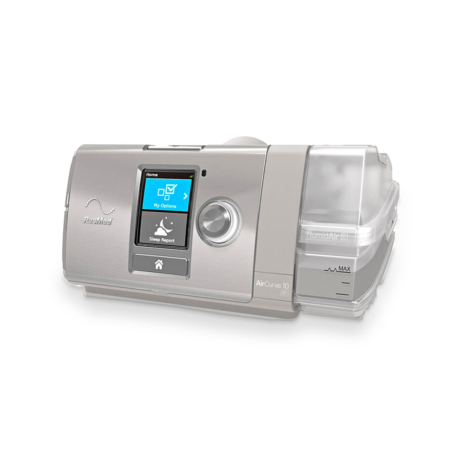 AirCurve 10 ST BiPAP with HumidAir humidifier, three-quarter view (Certified Pre-Owned)