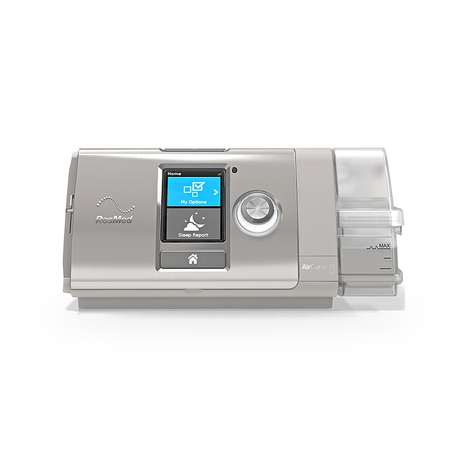 AirCurve 10 ST BiPAP with HumidAir humidifier, front view with color display on (Certified Pre-Owned)
