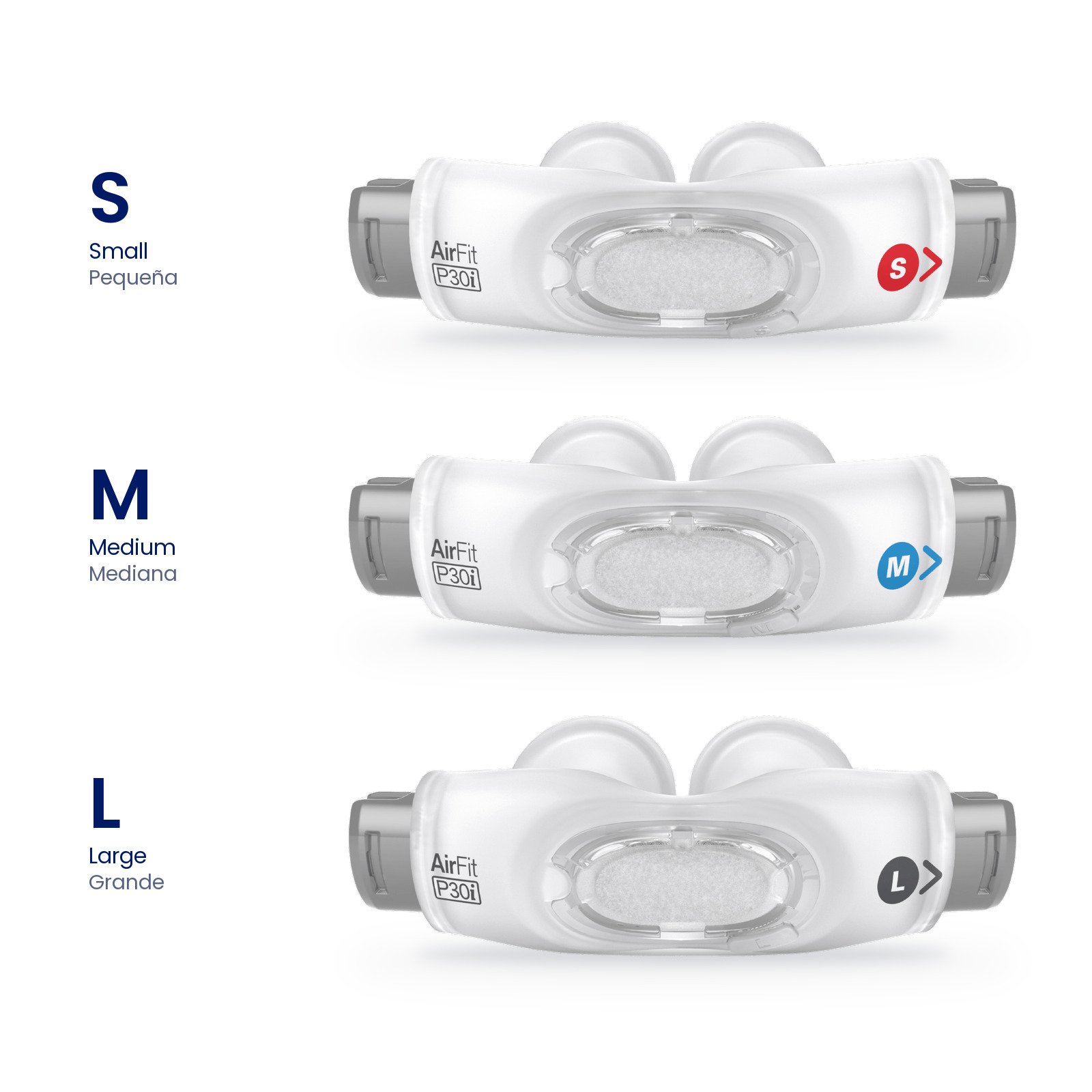 Tallas de la almohadilla nasal AirFit P30i: S (Pequeña), M (Mediana) y L (Grande)