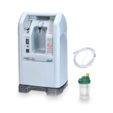 AirSep NewLife Elite 5L oxygen concentrator in light gray with nasal cannula and humidifier bottle (Certified Pre-Owned)