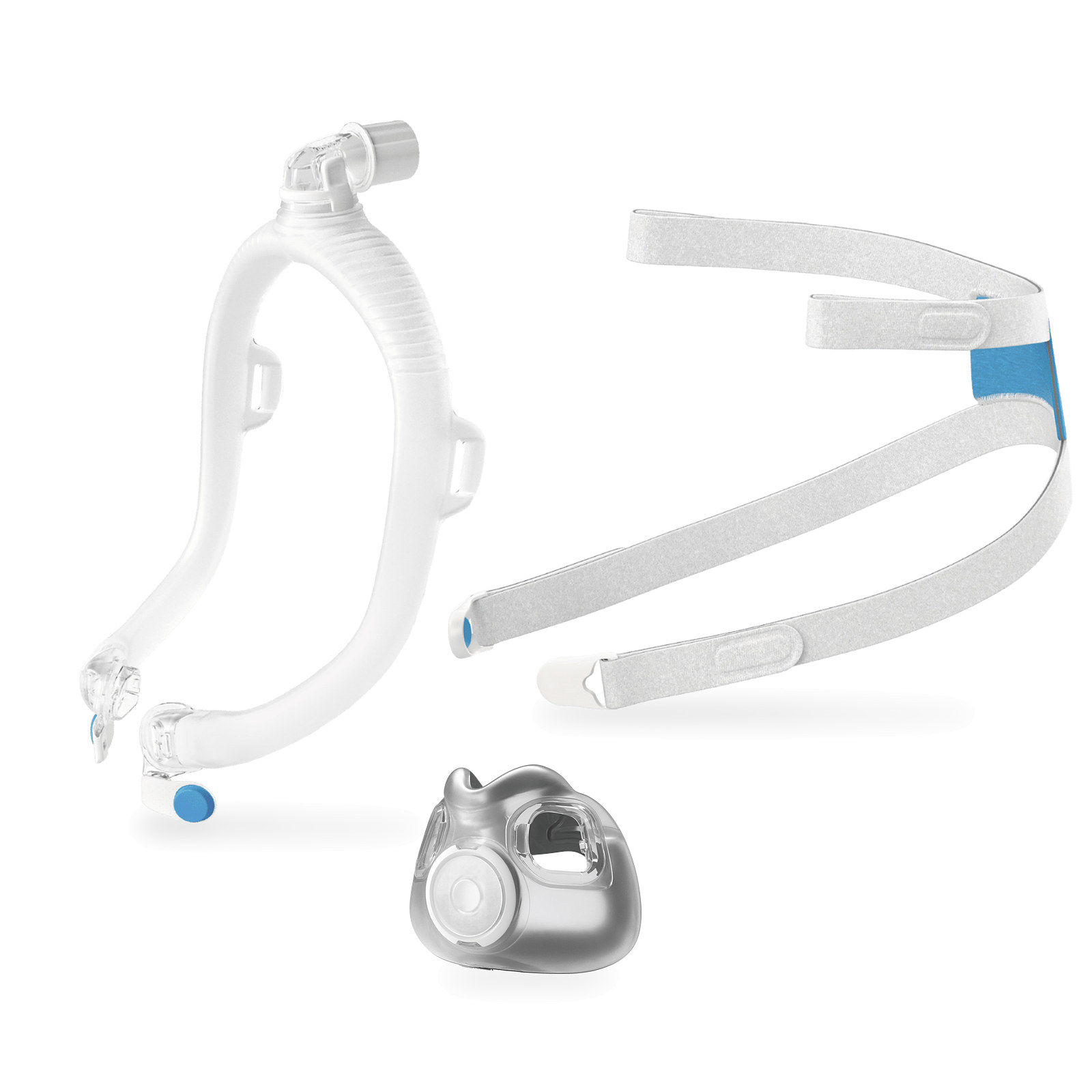Componentes de la AirTouch F30i Clear: armazón de silicona con codo superior y botones azules, cojín y arnés
