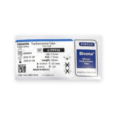 Bivona 67PFP50 pediatric FlexTend Plus TTS silicone tracheostomy tube, 5.0 mm ID, front of the box with product label (Portex, Smiths Medical)