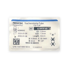 Sterile pouch label of the Bivona 67PFP50 pediatric tracheostomy tube, 5.0 mm ID / 7.3 mm OD / 50 mm, showing REF, lot number and expiration date