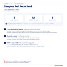 Guía de tallas del sello F&P Simplus: tallas S, M y L con la plantilla imprimible de Fisher & Paykel