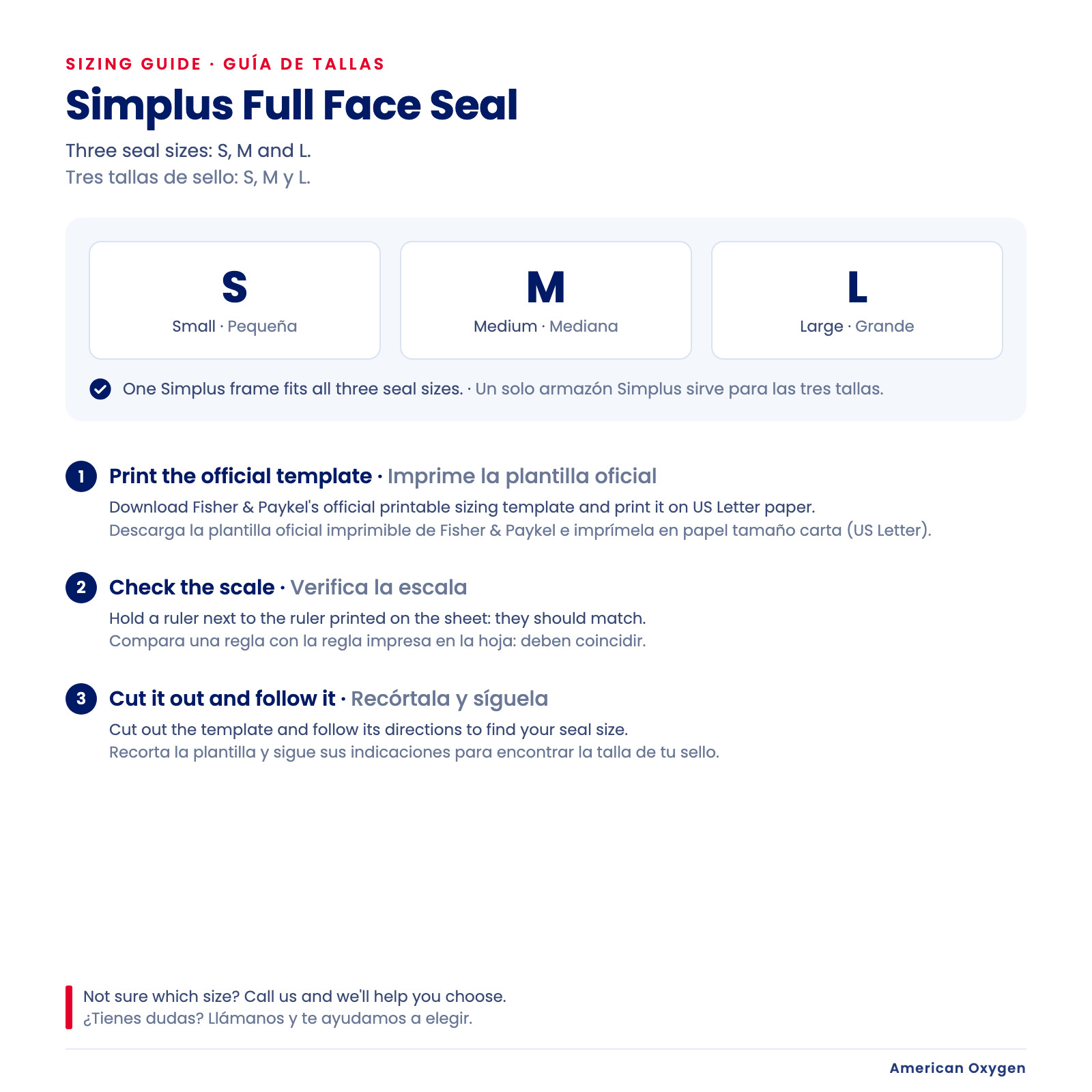 Guía de tallas del sello F&P Simplus: tallas S, M y L con la plantilla imprimible de Fisher & Paykel