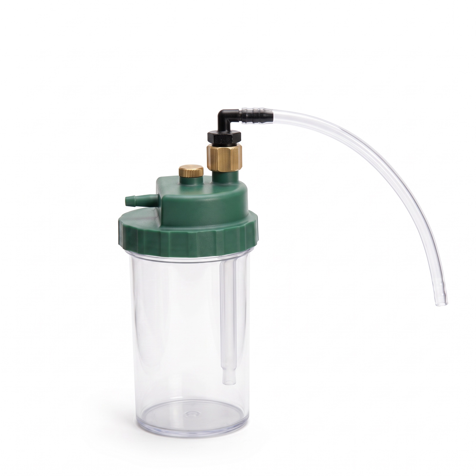 Humidifier connector tube screwed onto the brass inlet of an oxygen humidifier bottle; the bottle is shown for context and is not included
