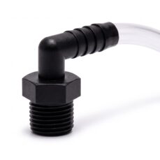 Close-up of the black threaded elbow and barbed fitting on the humidifier connector tube