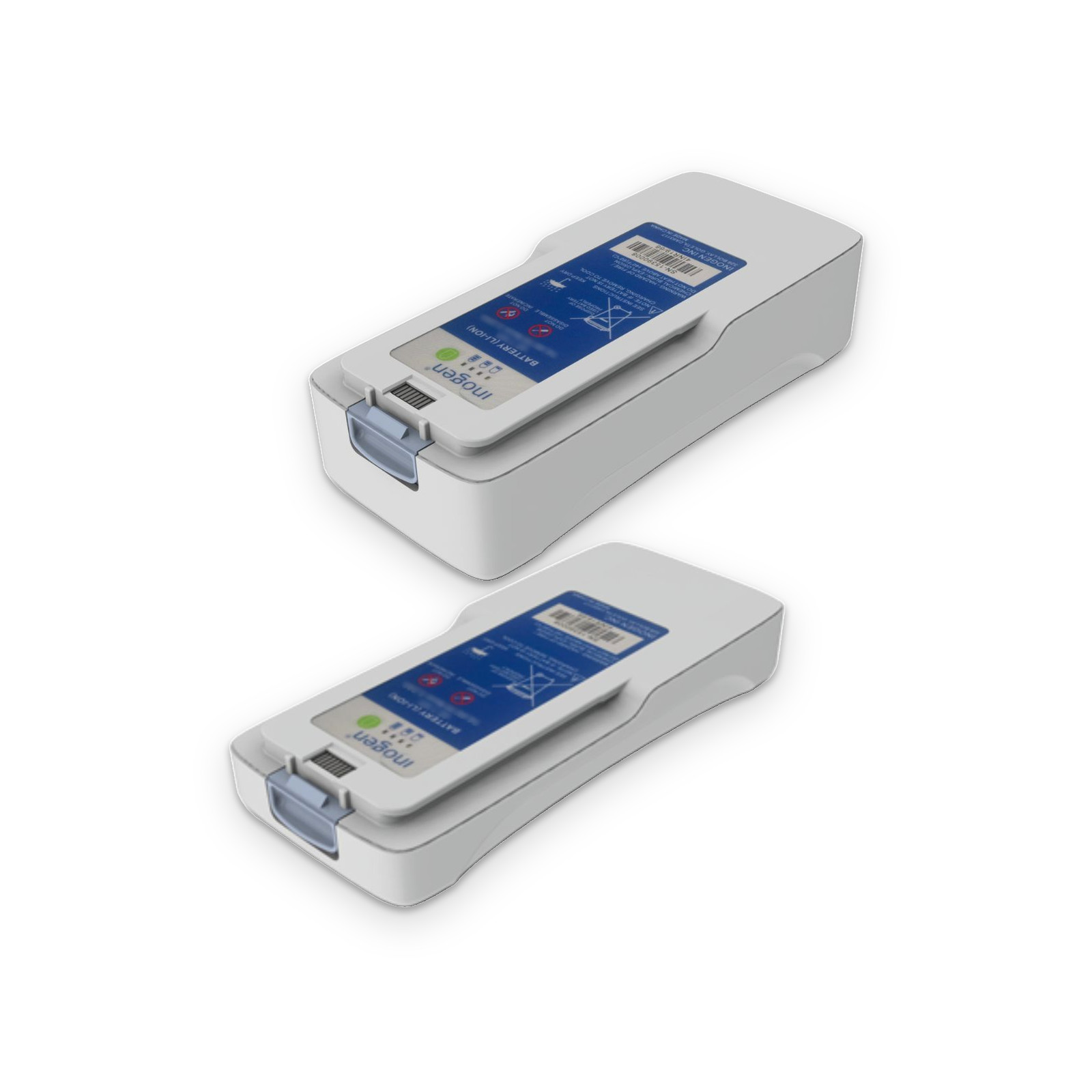 Inogen One G4 8-cell BA-408 battery (back) next to the 4-cell BA-400 (front) showing the difference in thickness, Certified Pre-Owned