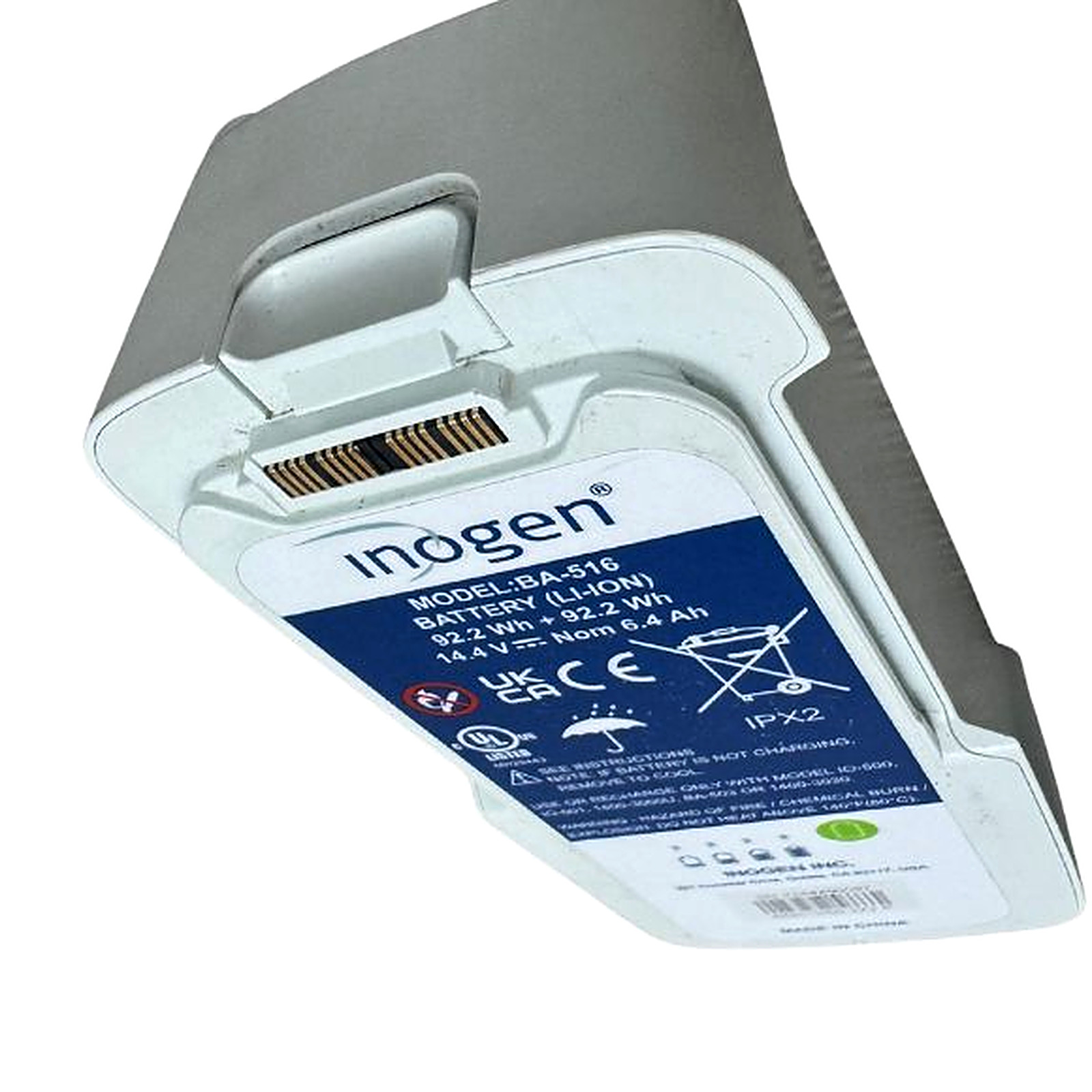 Label close-up of the Inogen One G5 16-cell battery showing model BA-516, Certified Pre-Owned