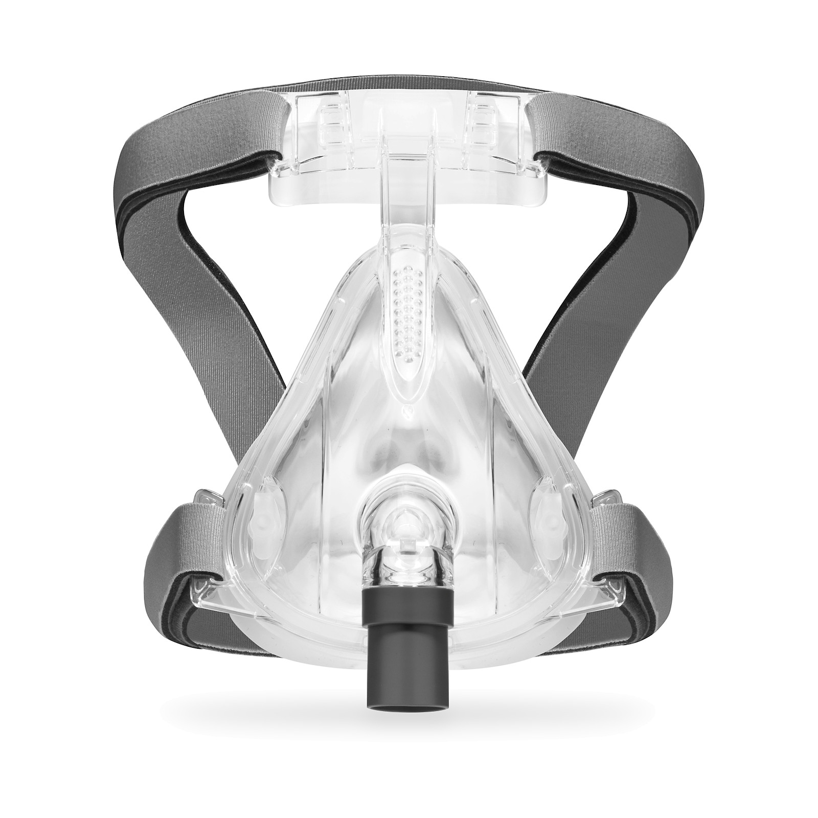 Máscara facial completa CPAP React Health Numa con arnés gris, vista frontal